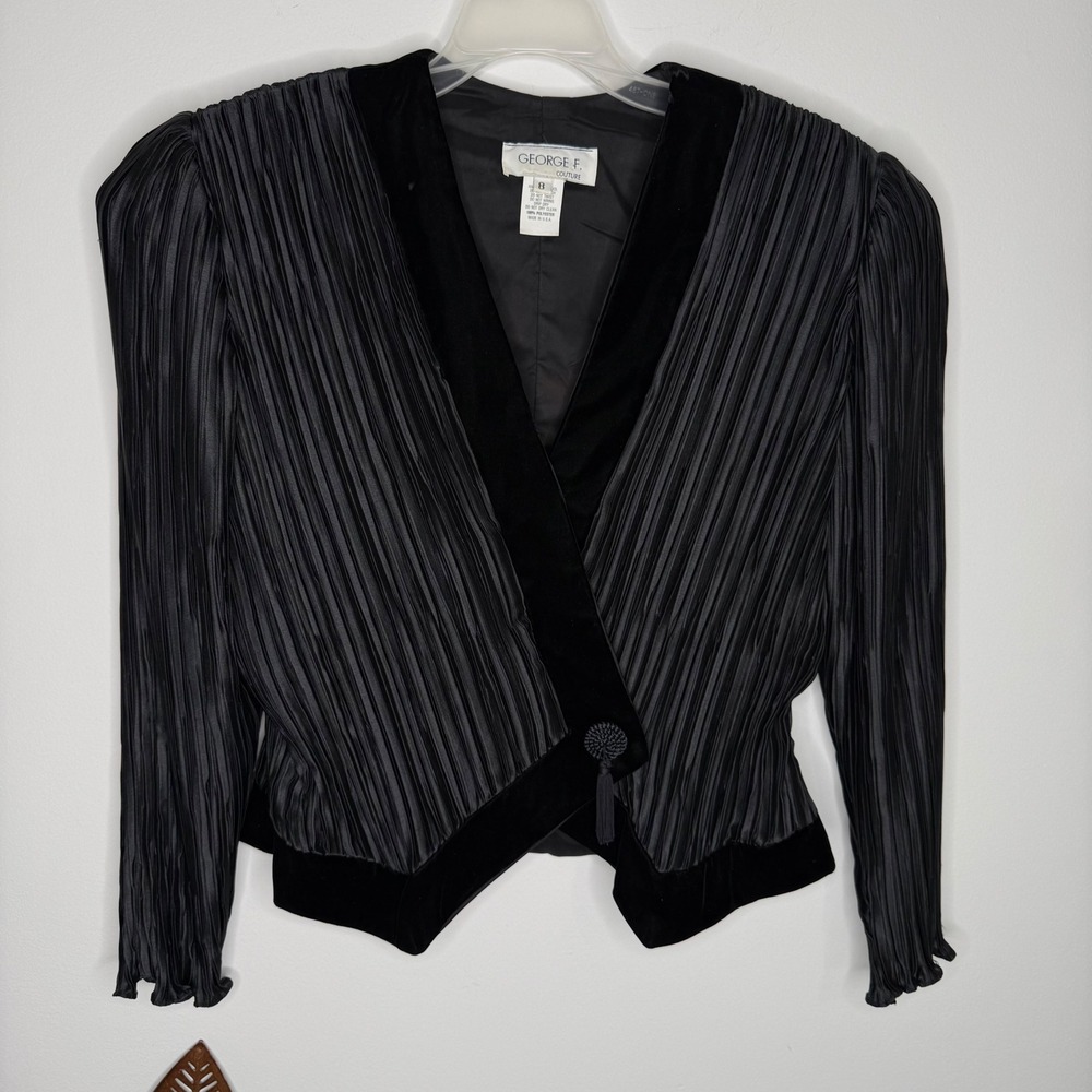 MM Vintage 80's Miss Kirby Black Crinkle Cocktail Velvet Pleated Tassle‎ Blazer